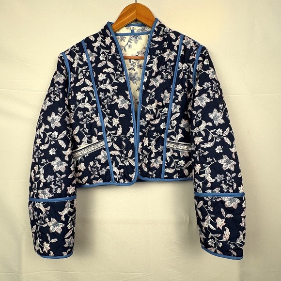 Women Quilted Cropped Reversible Open Front Jacket Sz M Cottagecore Country Boho - Picture 1 of 15